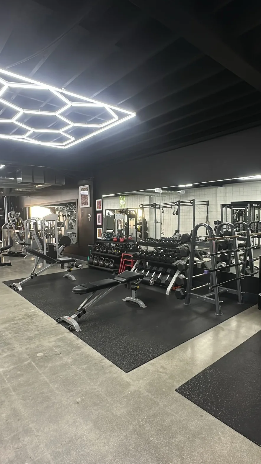 Dumbbell and kettlebell racks with adjustable benches at BASIC Training