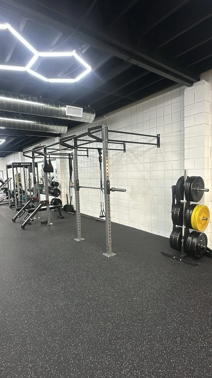 Wall-mounted squat rack and rig with barbells and bumper plates at BASIC Training private gym
